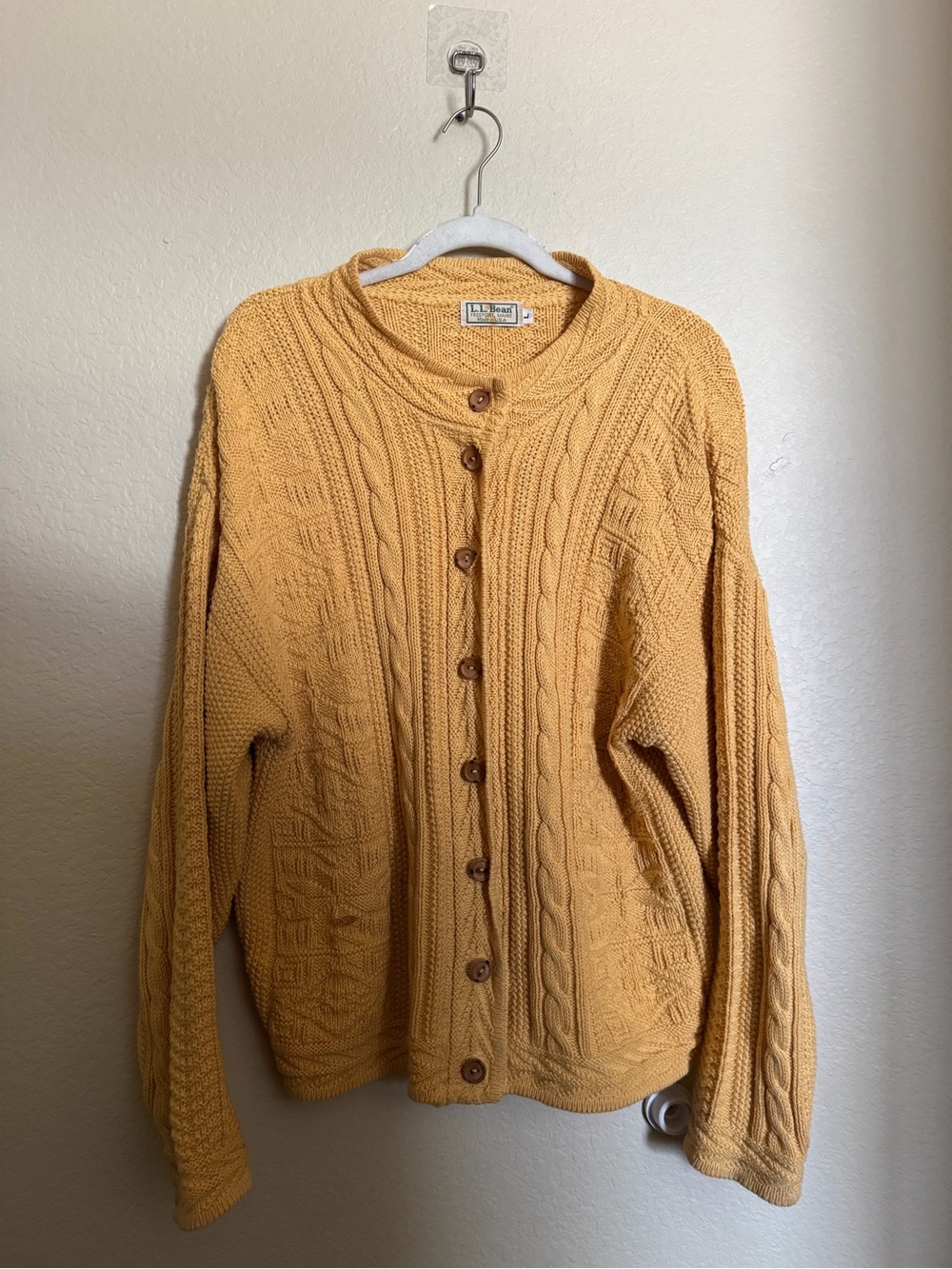 Vintage Chunky L.L. Bean Womens Mustard Cable Knit Button-Front Sweater Sz L